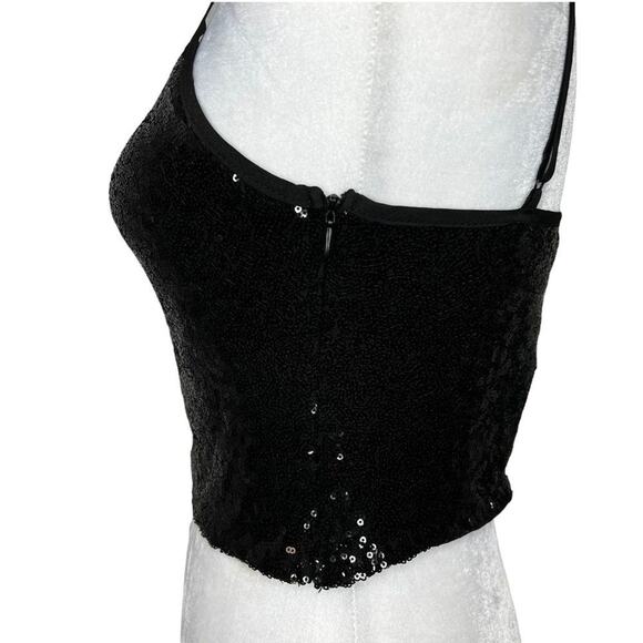 WAYF Black Sequin Crop Cami Top Size S Ruched Front Drawstring Tie NWT - Picture 6 of 12
